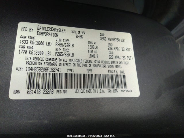 2006 DODGE DURANGO LIMITED VIN: 1D4HB58206F192741
