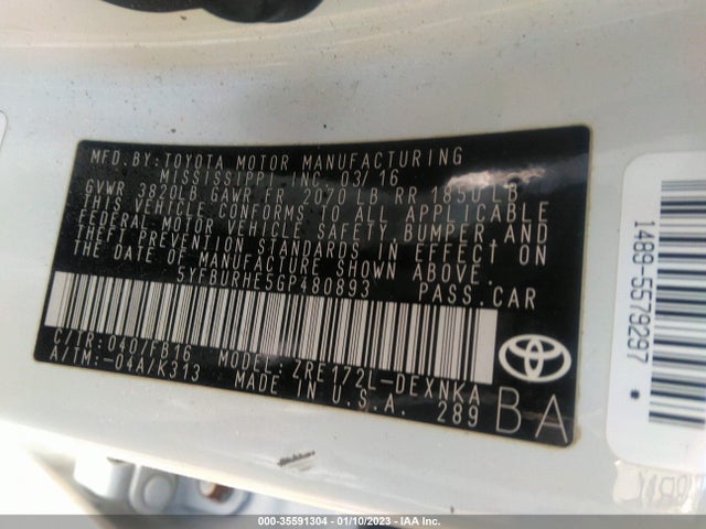 2016 TOYOTA COROLLA L/LE/S/S PLUS/LE PLUS VIN: 5YFBURHE5GP480893