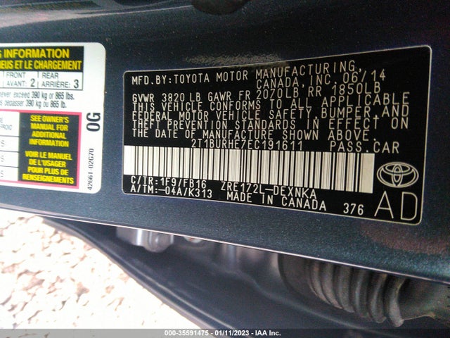 2014 TOYOTA COROLLA L/LE/S/S PLUS/LE PLUS VIN: 2T1BURHE7EC191611