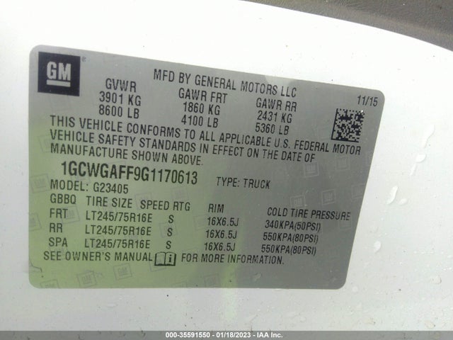 2016 Chevrolet Express, VIN: 1GCWGAFF9G1170613