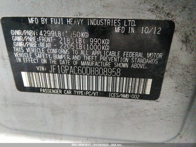 2013 SUBARU IMPREZA WAGON 2.0I PREMIUM VIN: JF1GPAC60DH808958