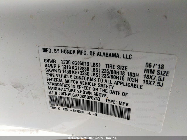 2019 Honda Odyssey, VIN: 5FNRL6H83KB020243