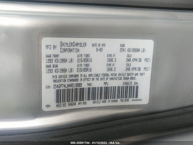 2004 DODGE GRAND CARAVAN EX VIN: 2D4GP74L04R519989