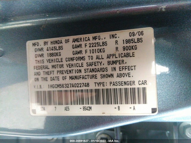 2007 HONDA ACCORD SDN LX SE VIN: 1HGCM56327A022748