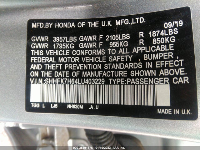 2020 HONDA CIVIC HATCHBACK EX VIN: SHHFK7H64LU403229