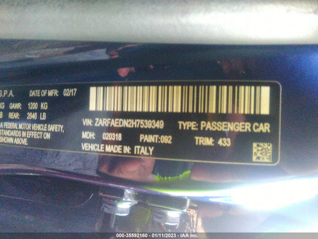 2017 Alfa Romeo Giulia, VIN: ZARFAEDN2H7539349