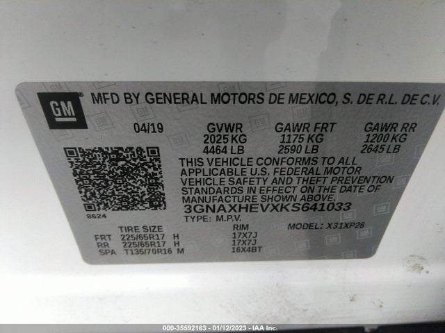 Aukcja sprzedaży 2019 Chevrolet Equinox Ls, vin: 3GNAXHEVXKS641033, numer aukcji: 35592163
