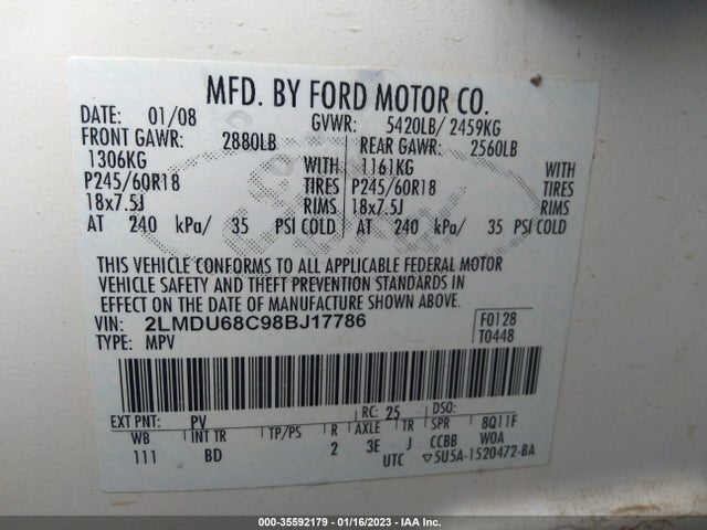 2008 LINCOLN MKX VIN: 2LMDU68C98BJ17786