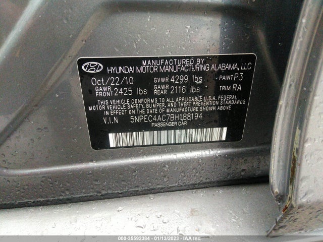 2011 HYUNDAI SONATA SE VIN: 5NPEC4AC7BH188194