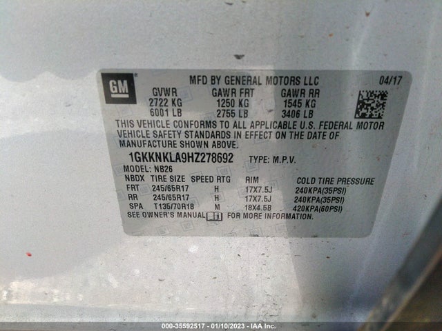 GMC ACADIA SLE 2017 1GKKNKLA9HZ278692 Image 9