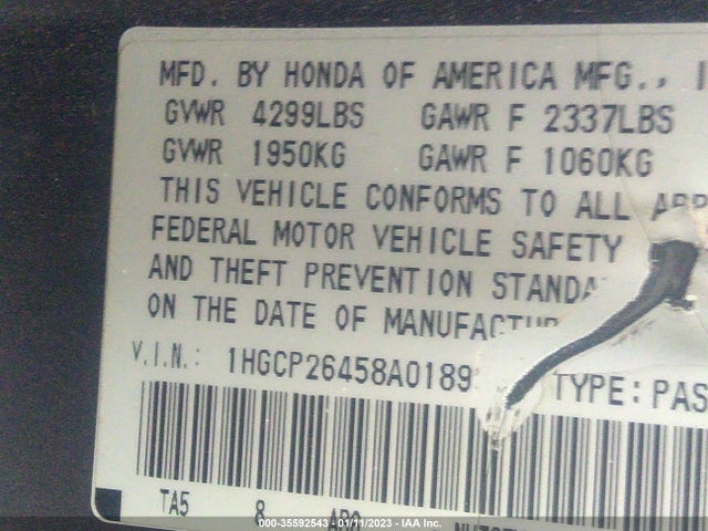 Honda ACCORD SDN 2008 1HGCP26458A018936 Image 11