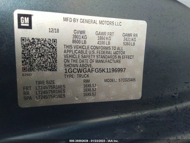 2019 Chevrolet Express, VIN: 1GCWGAFG5K1196997