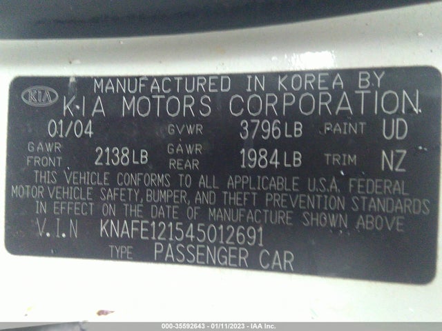 2004 KIA SPECTRA LX/EX VIN: KNAFE121545012691