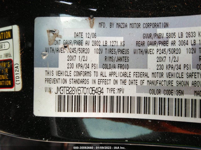 2007 MAZDA CX-9 GRAND TOURING VIN: JM3TB28Y670105494