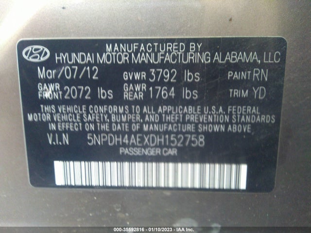 2013 HYUNDAI ELANTRA LIMITED VIN: 5NPDH4AEXDH152758