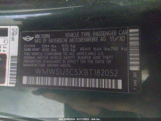 WMWSU3C5XBT182052 Mini COOPER HARDTOP
