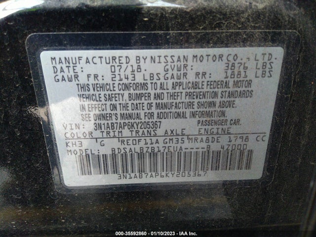 2019 Nissan Sentra, VIN: 3N1AB7AP6KY205367