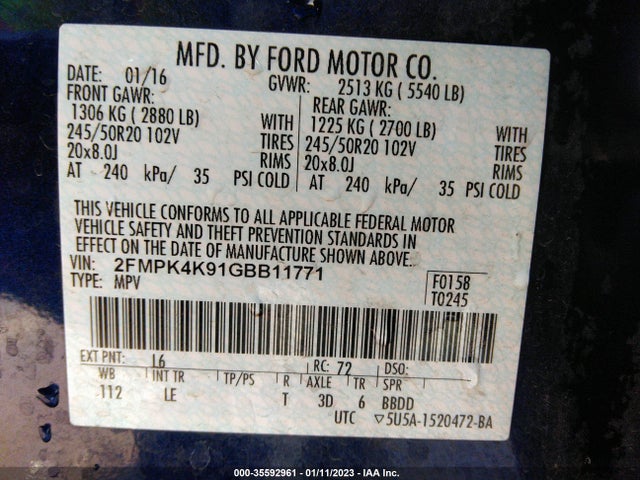 2016 Ford Edge, VIN: 2FMPK4K91GBB11771