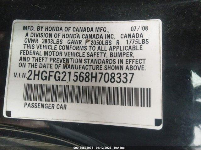 2008 HONDA CIVIC CPE SI VIN: 2HGFG21568H708337