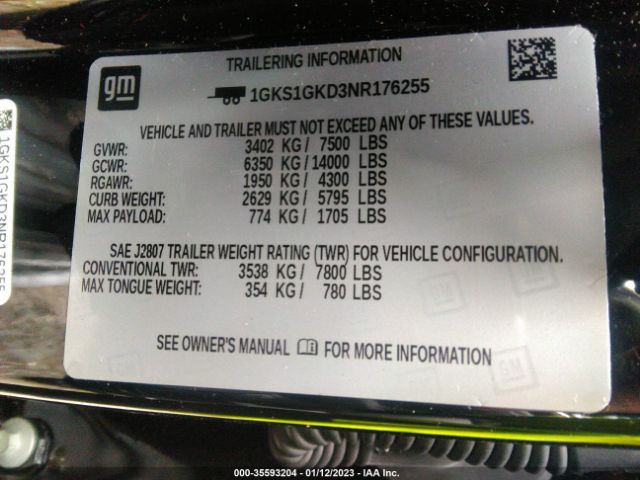 1GKS1GKD3NR176255 GMC Yukon Xl Slt