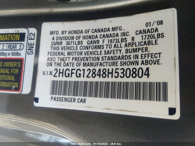2008 HONDA CIVIC CPE EX VIN: 2HGFG12848H530804