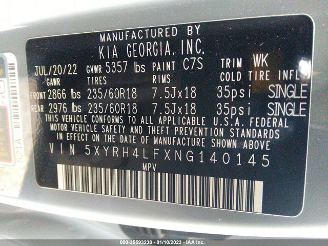 2022 Kia Sorento, VIN: 5XYRH4LFXNG140145