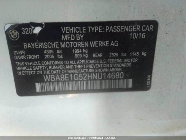 2017 BMW 3 Series, VIN: WBA8E1G52HNU14680