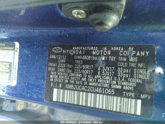 2012 HYUNDAI TUCSON GLS VIN: KM8JUCAC2CU461065