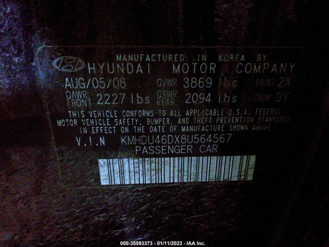 2008 HYUNDAI ELANTRA GLS/SE VIN: KMHDU46DX8U564567