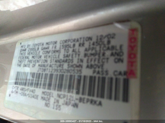 2003 TOYOTA ECHO VIN: JTDBT123930280535