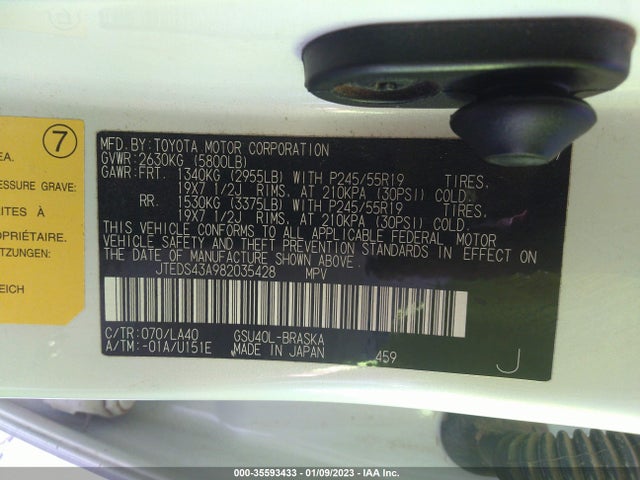 2008 TOYOTA HIGHLANDER SPORT VIN: JTEDS43A982035428