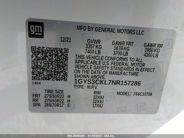 1GYS3CKL7NR157286 Cadillac Escalade Premium Luxury