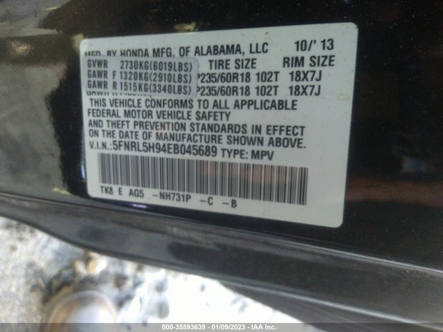 Honda Odyssey Touring 2014 5FNRL5H94EB045689 Image 9