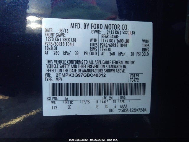 2016 FORD EDGE SE VIN: 2FMPK3G97GBC40312