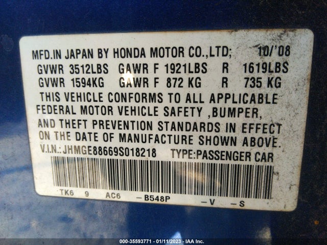 2009 HONDA FIT SPORT W/NAVI VIN: JHMGE88669S018218