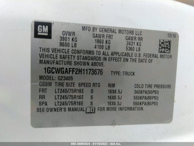 2017 CHEVROLET EXPRESS CARGO VAN VIN: 1GCWGAFF2H1173676