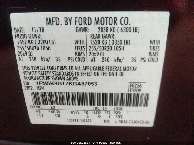 2019 FORD EXPLORER SPORT VIN: 1FM5K8GT7KGA67053