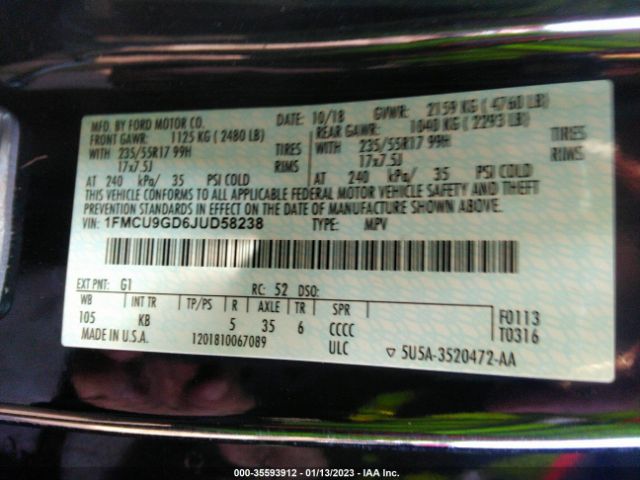 1FMCU9GD6JUD58238 Ford ESCAPE SE