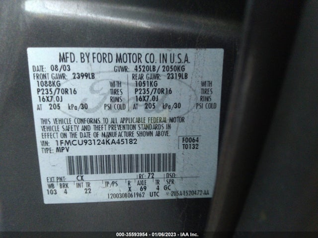 2004 FORD ESCAPE XLT VIN: 1FMCU93124KA45182