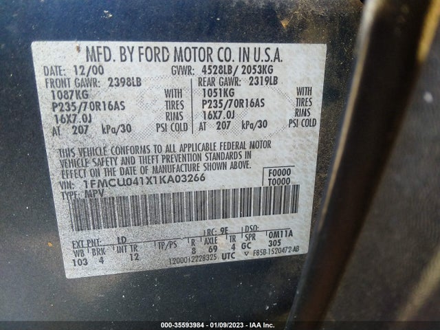 2001 FORD ESCAPE XLT VIN: 1FMCU041X1KA03266
