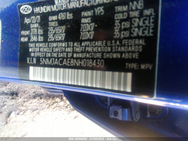 2022 HYUNDAI TUCSON SE VIN: 5NMJACAE8NH018430