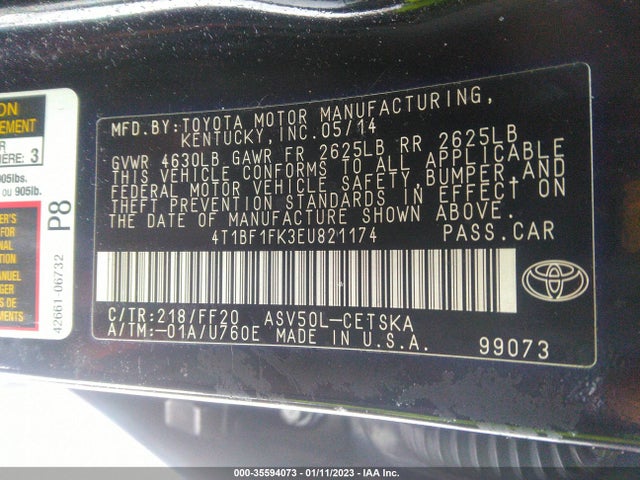2014 TOYOTA CAMRY L/LE/XLE/SE/SE SPORT VIN: 4T1BF1FK3EU821174