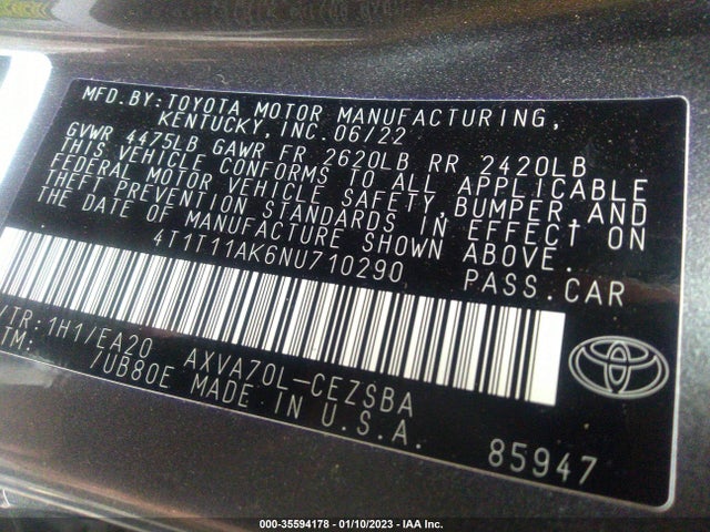 2022 Toyota Camry, VIN: 4T1T11AK6NU710290