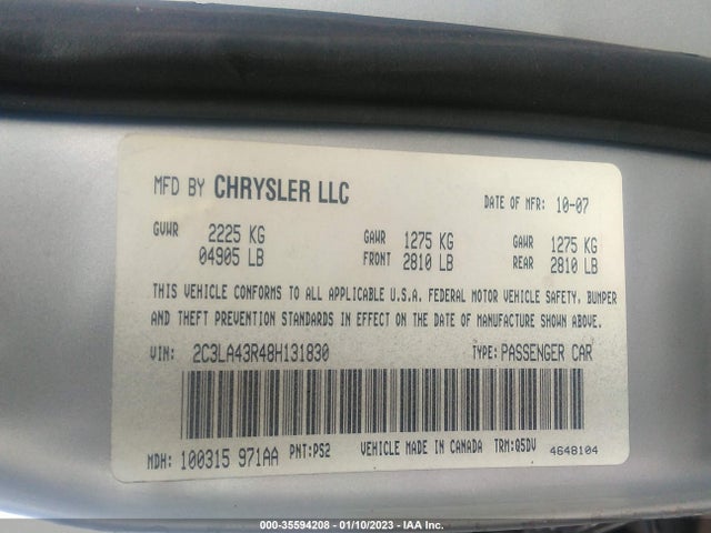 Chrysler 300 LX 2008 2C3LA43R48H131830 Image 10