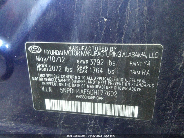 2013 HYUNDAI ELANTRA GLS PZEV VIN: 5NPDH4AE5DH177602
