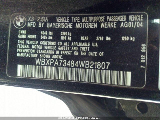 WBXPA73484WB21807 BMW X3 2.5I