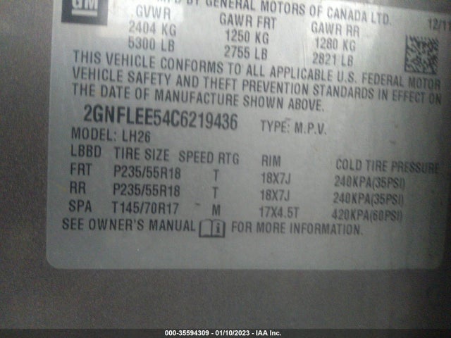 2012 CHEVROLET EQUINOX LT W/1LT VIN: 2GNFLEE54C6219436