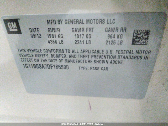 2013 CHEVROLET MALIBU LS VIN: 1G11B5SA7DF166500