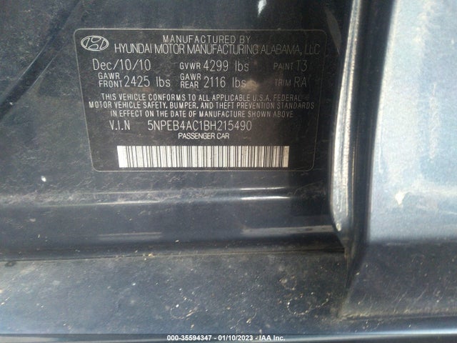 2011 HYUNDAI SONATA GLS VIN: 5NPEB4AC1BH215490