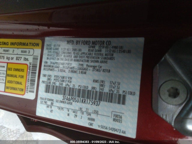 2019 Ford Fusion, VIN: 3FA6P0SU1KR175937